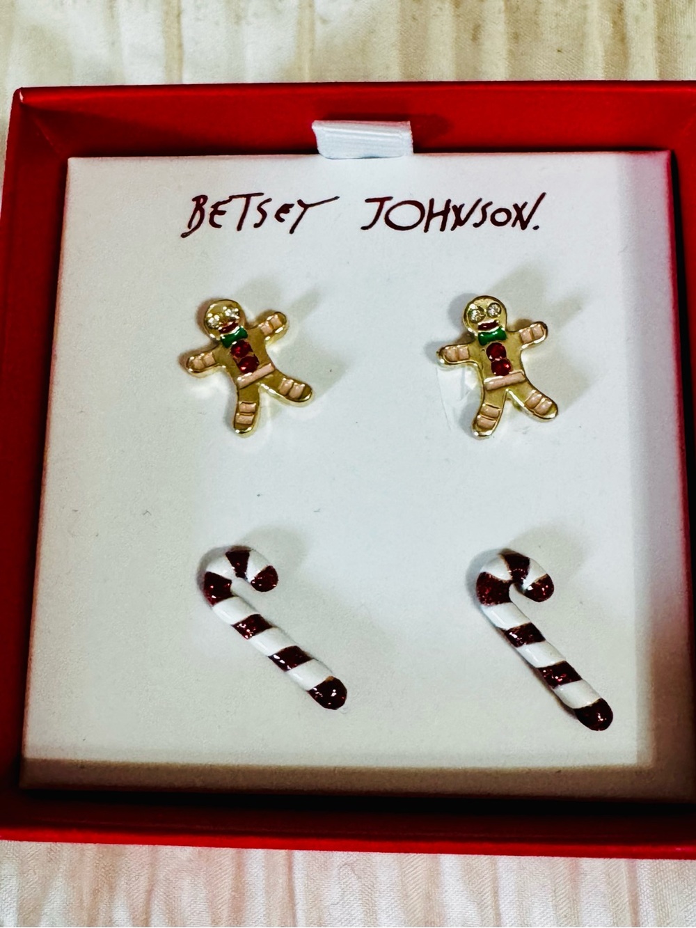 Betsey Johnson Gold Gingerbread & Red-White Candy Cane Stud Earrings